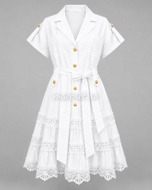 Rochie camasa alba cu cordon in talie si insertii din dantela