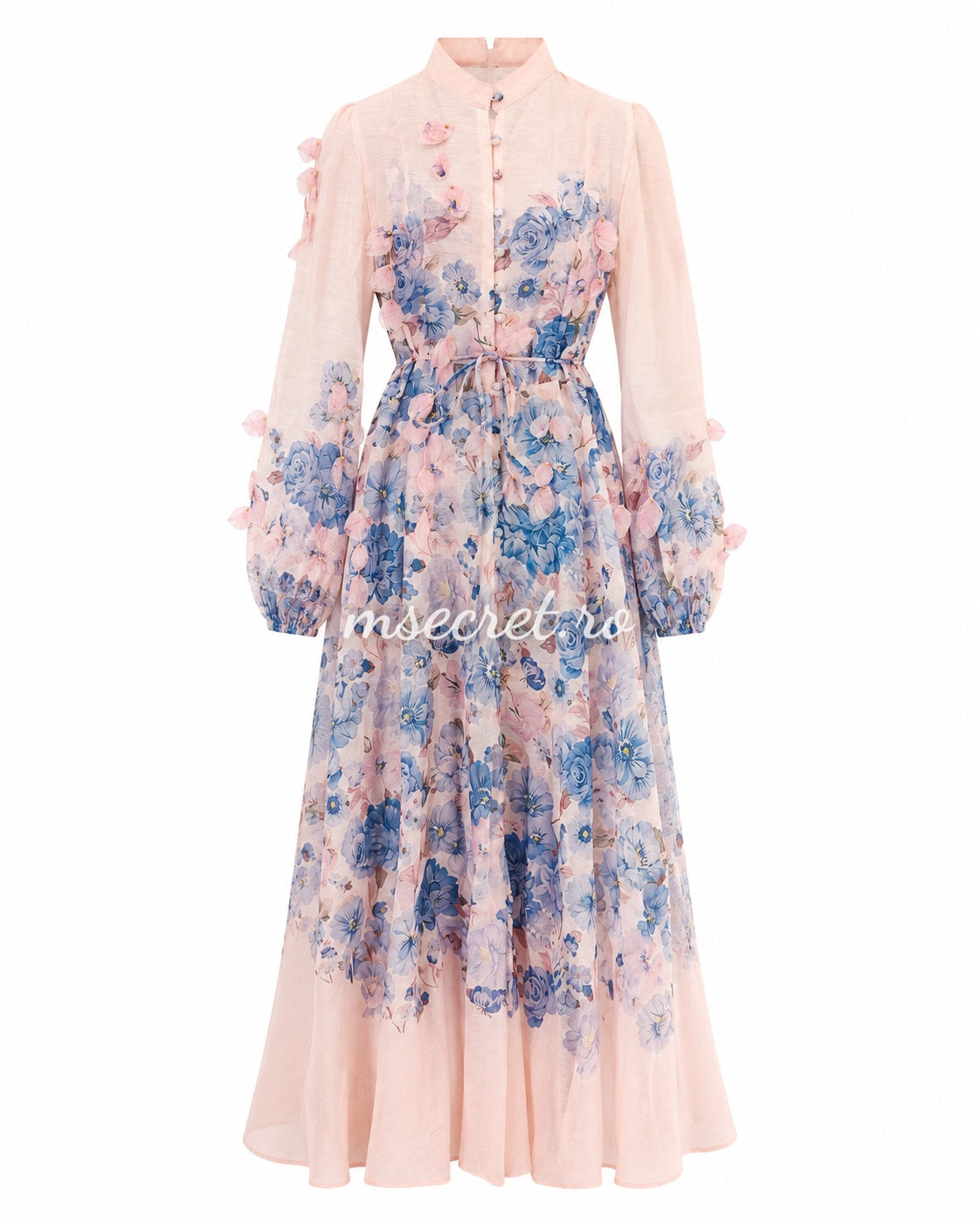 Long pink linen dress with floral print and 3D appliques