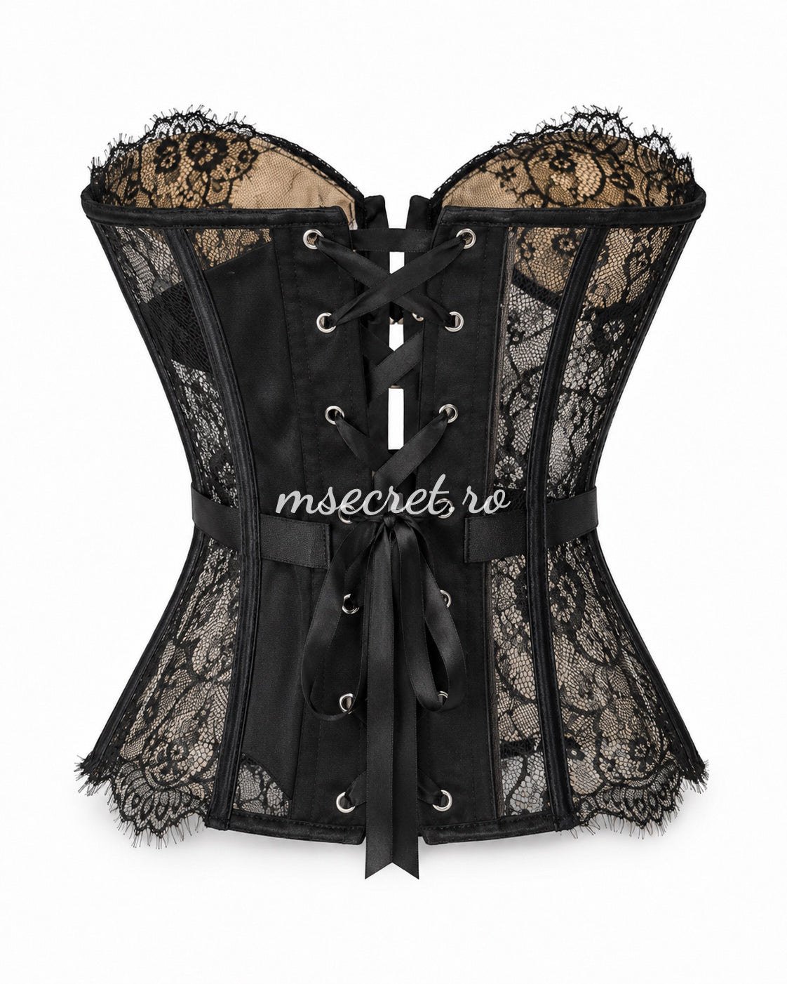 Black lace corset with cups and metallic closure