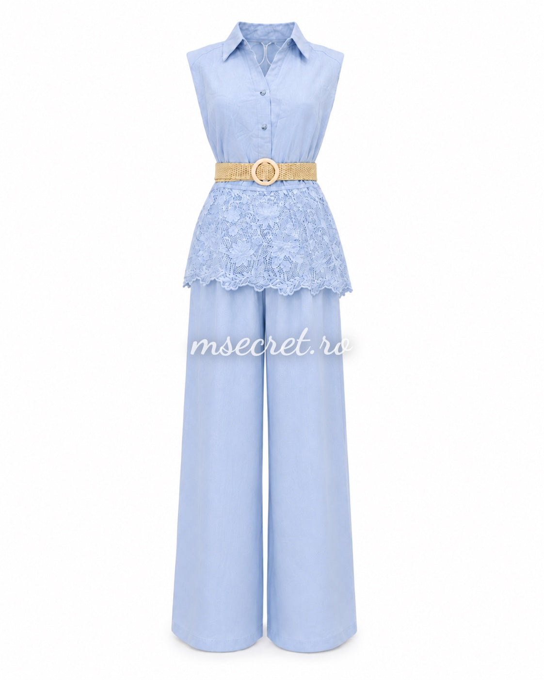 Compleu blue din in cu pantaloni largi si dantela