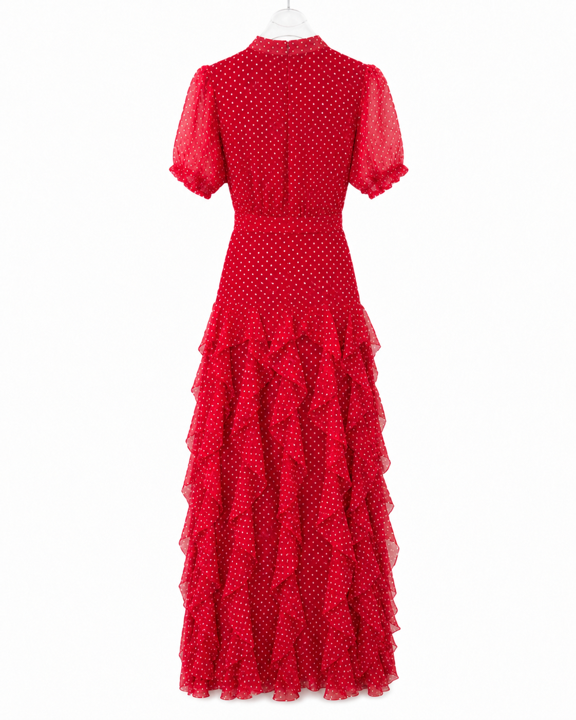 Rochie midi rosie din voal cu buline si volane delicate