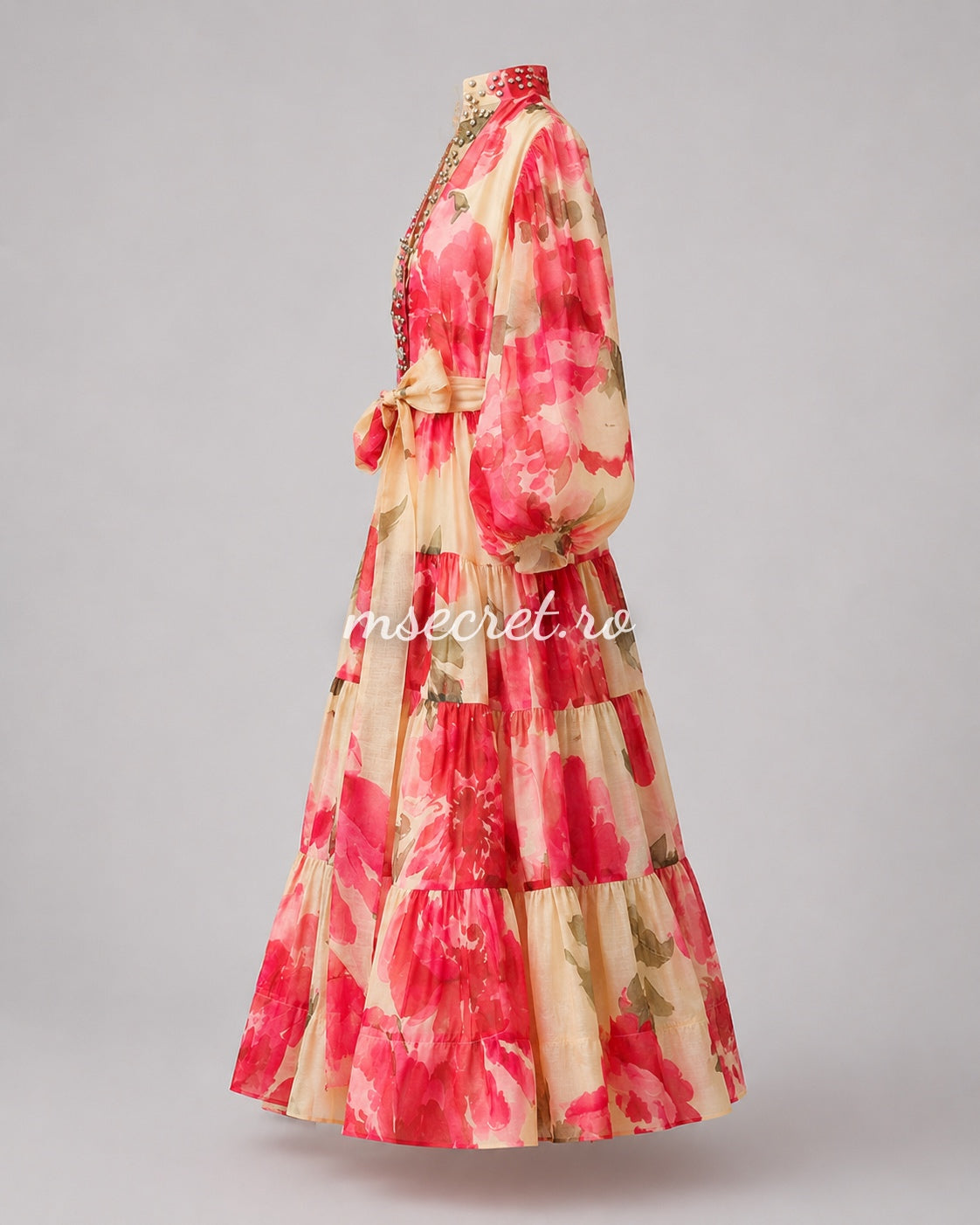 Rochie roz din in și mătase cu imprimeu floral și talie reglabilă