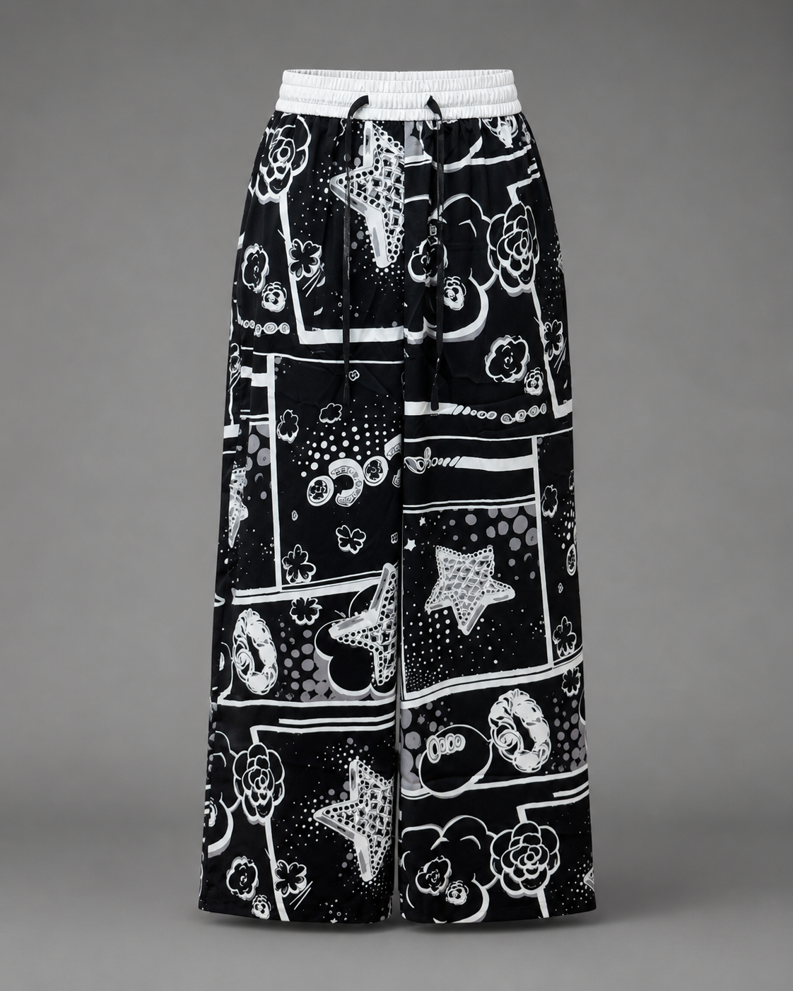 Pantaloni negri lungi din satin cu imprimeu grafic