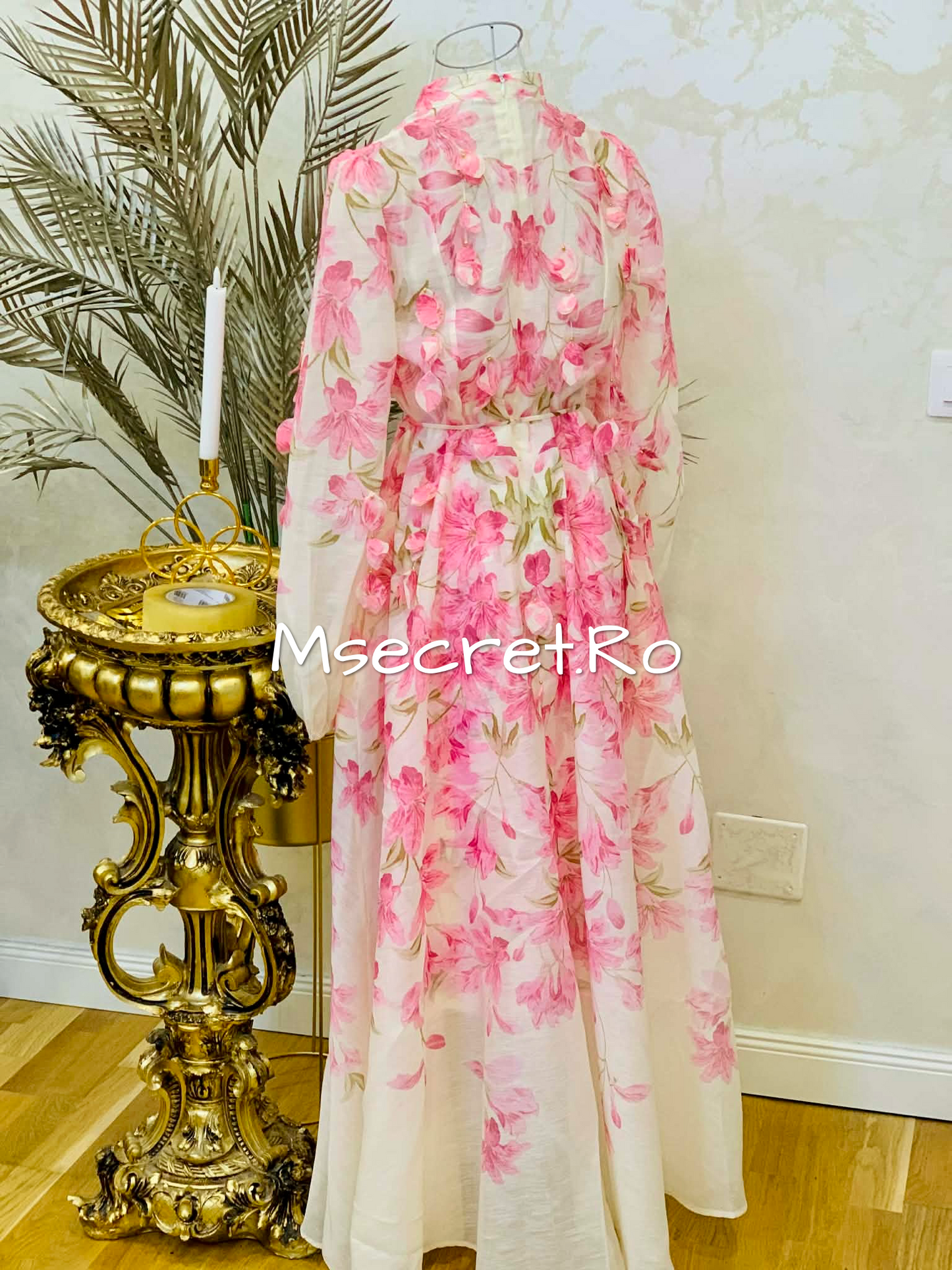 Pink long linen dress with floral print and 3D appliques