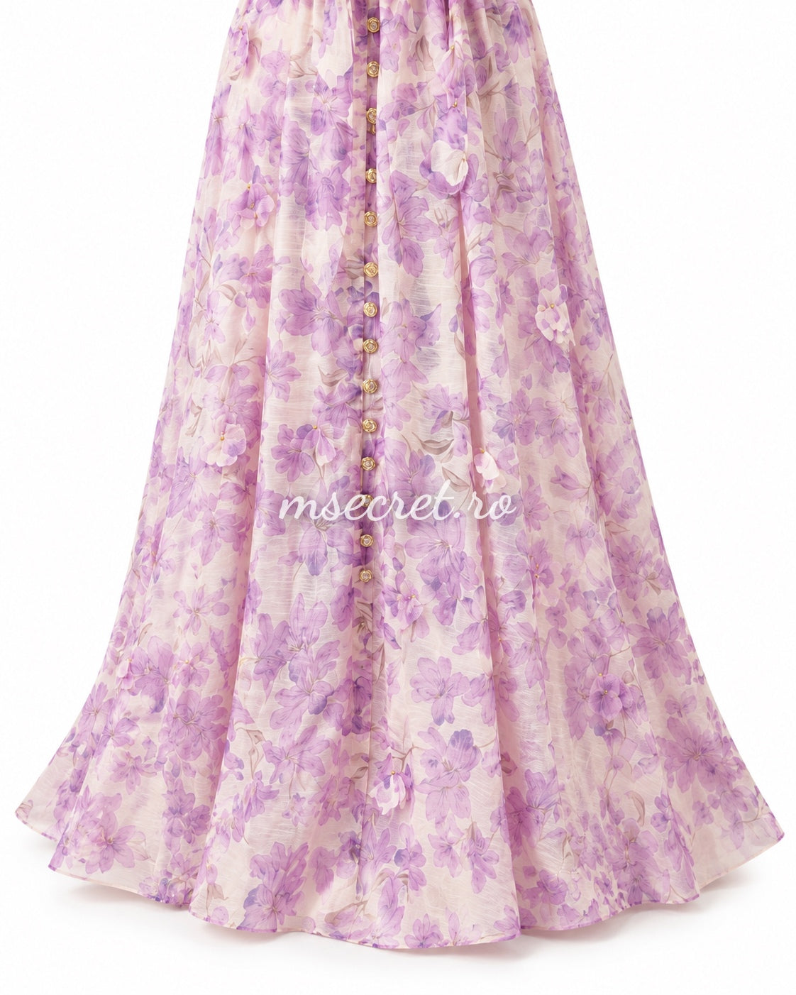 Long purple linen dress with floral print and 3D appliques