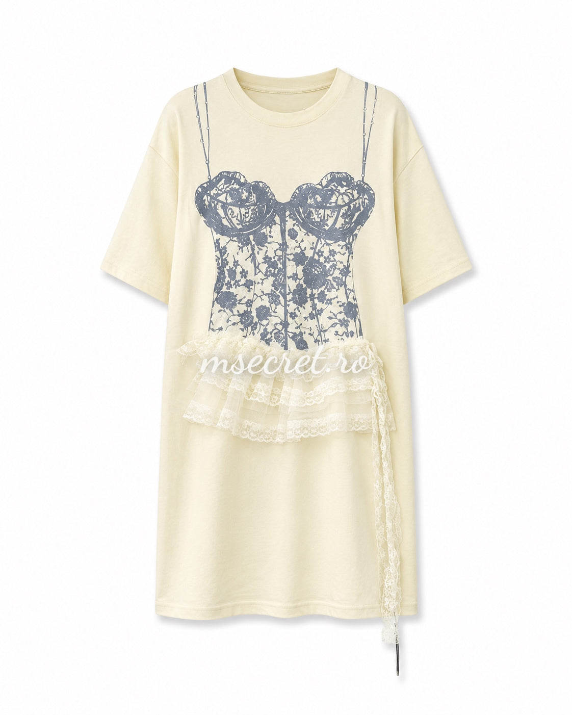 Rochie tip tricou crem cu imprimeu corset si aplicatie din dantela