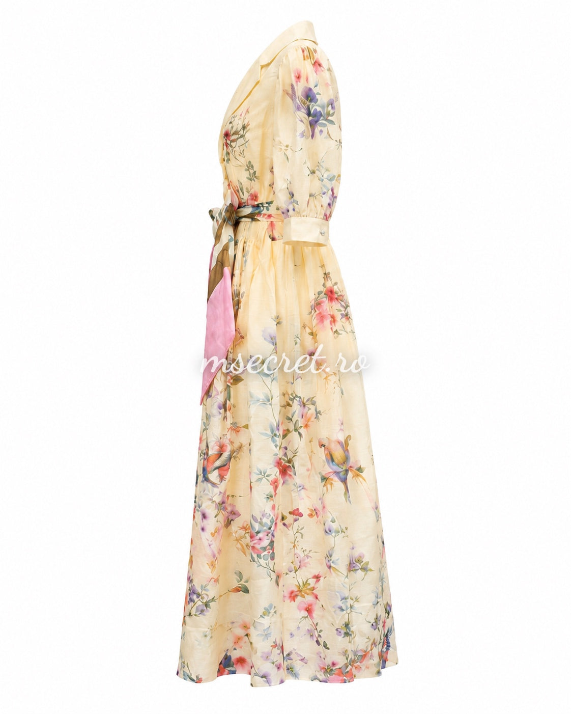 Rochie midi din in cu imprimeu floral si cordon tip esarfa