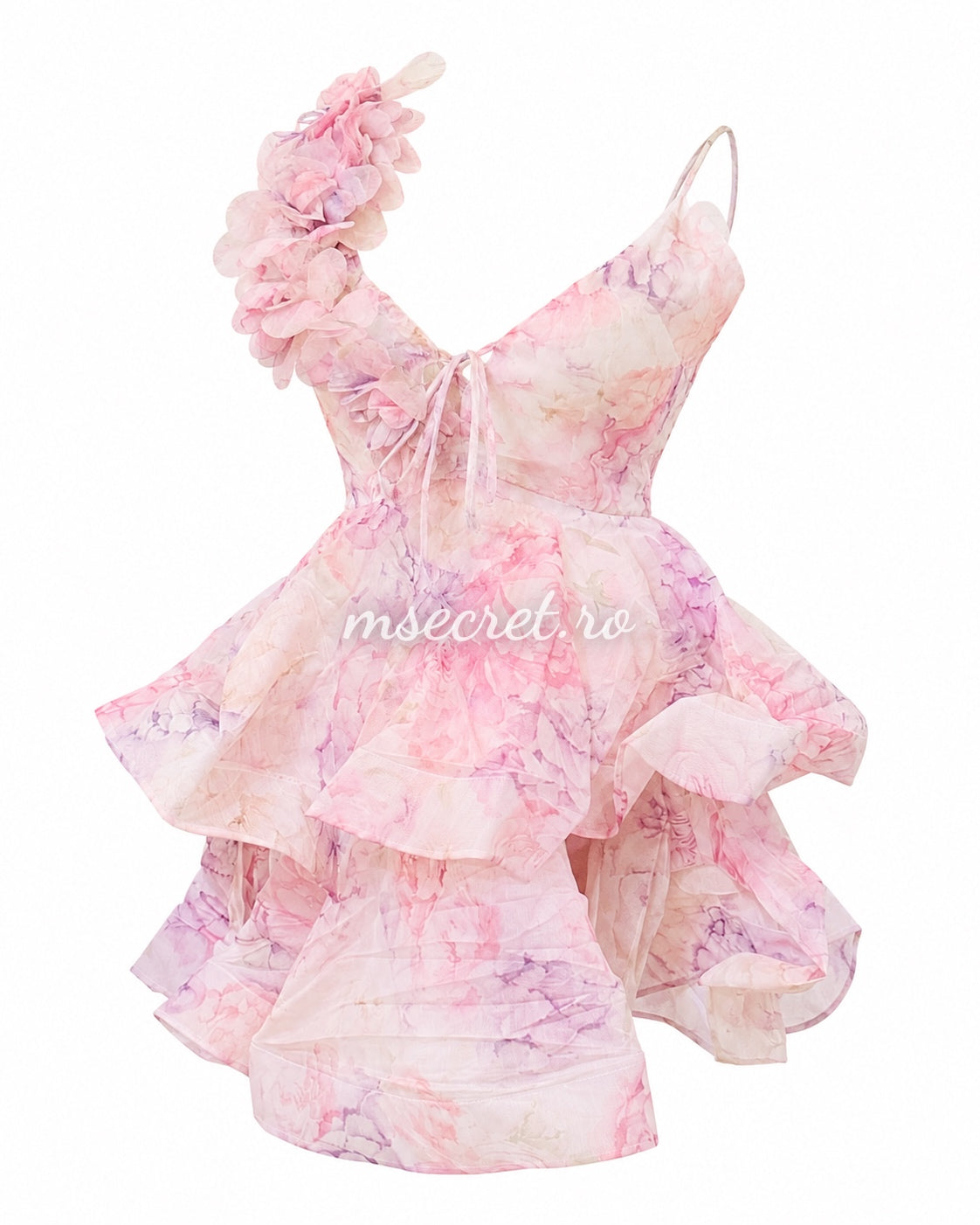 Rochie roz cu imprimeu floral si aplicatii 3D