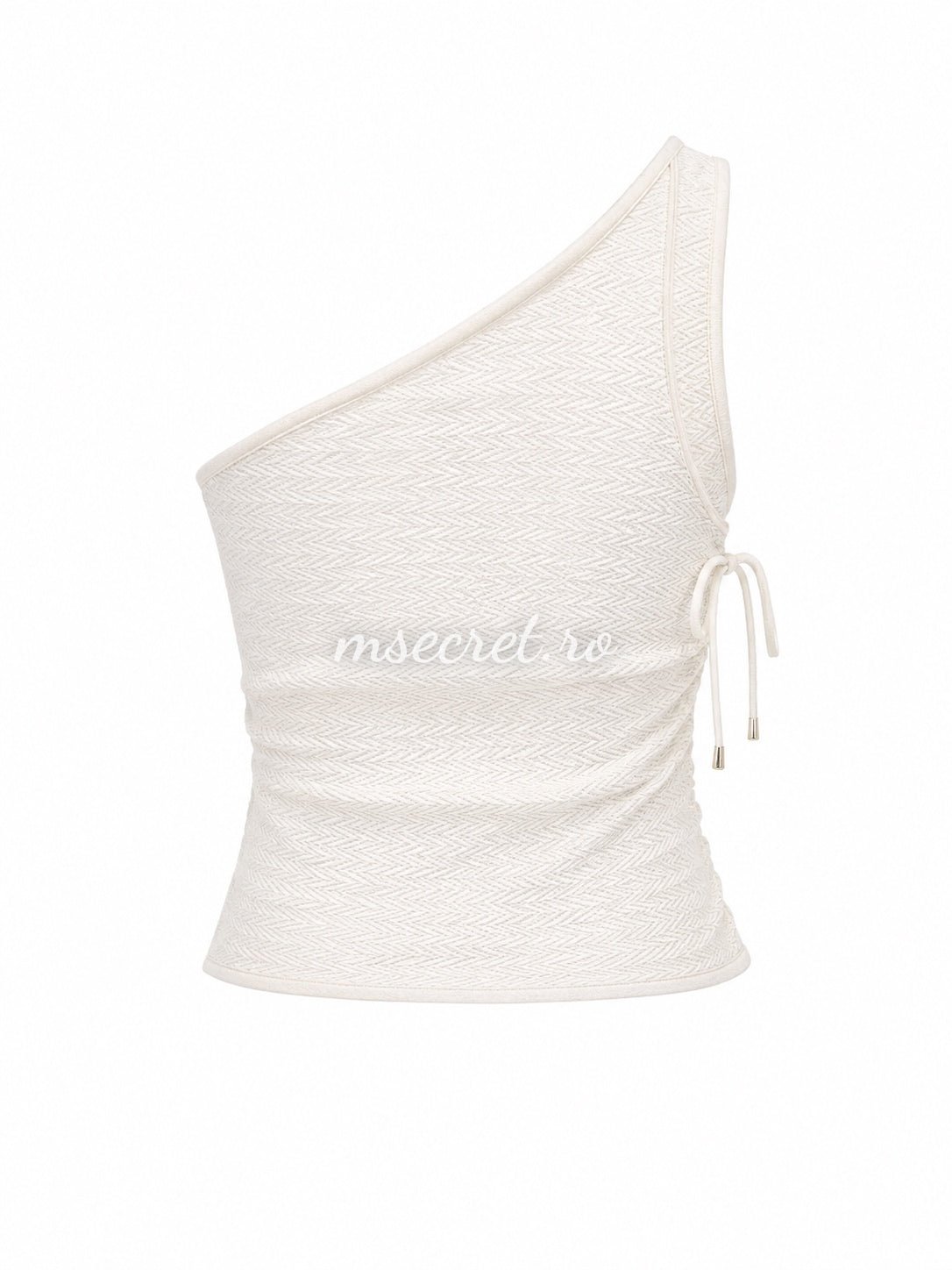 Top alb asimetric tricotat cu aplicatii aurii