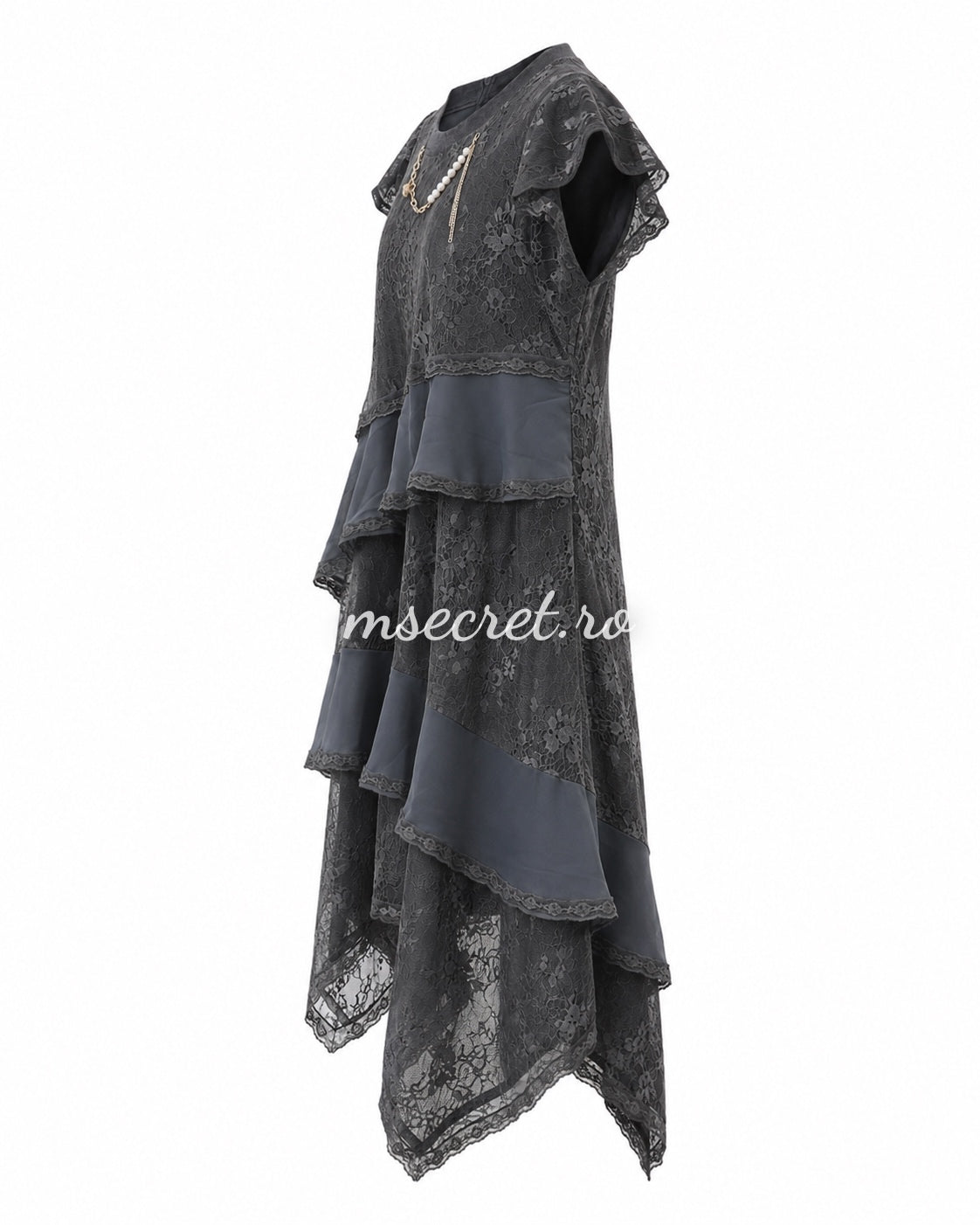 Rochie asimetrica din dantela gri antracit cu volane