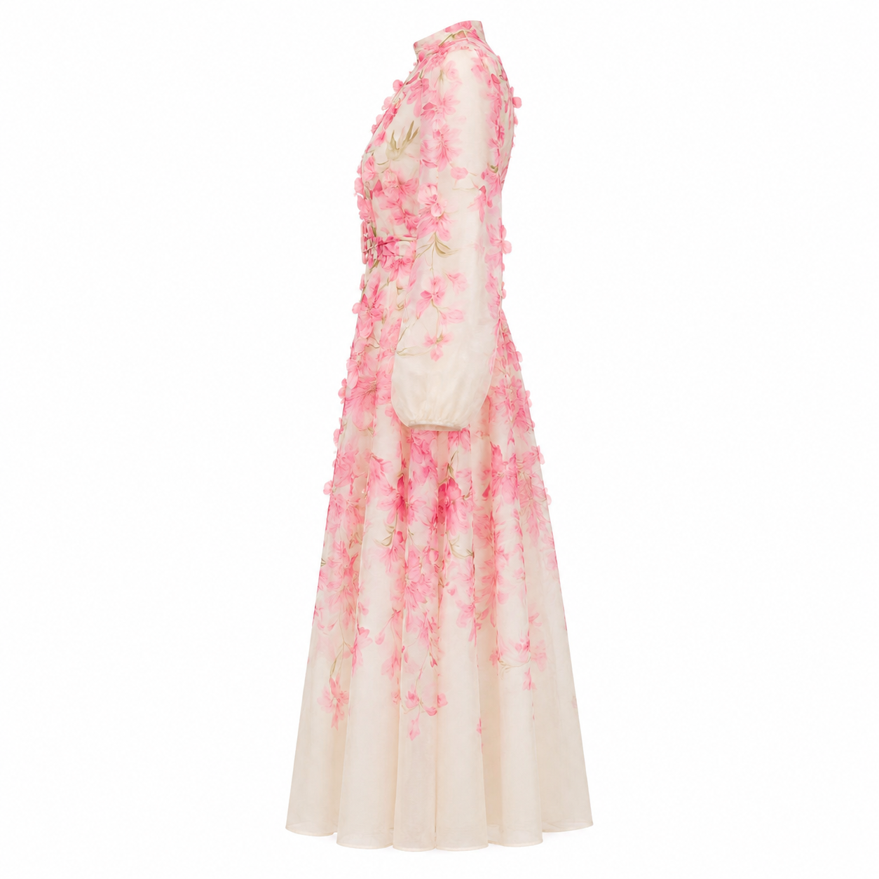 Rochie lungă roz din in cu imprimeu floral și aplicații 3D