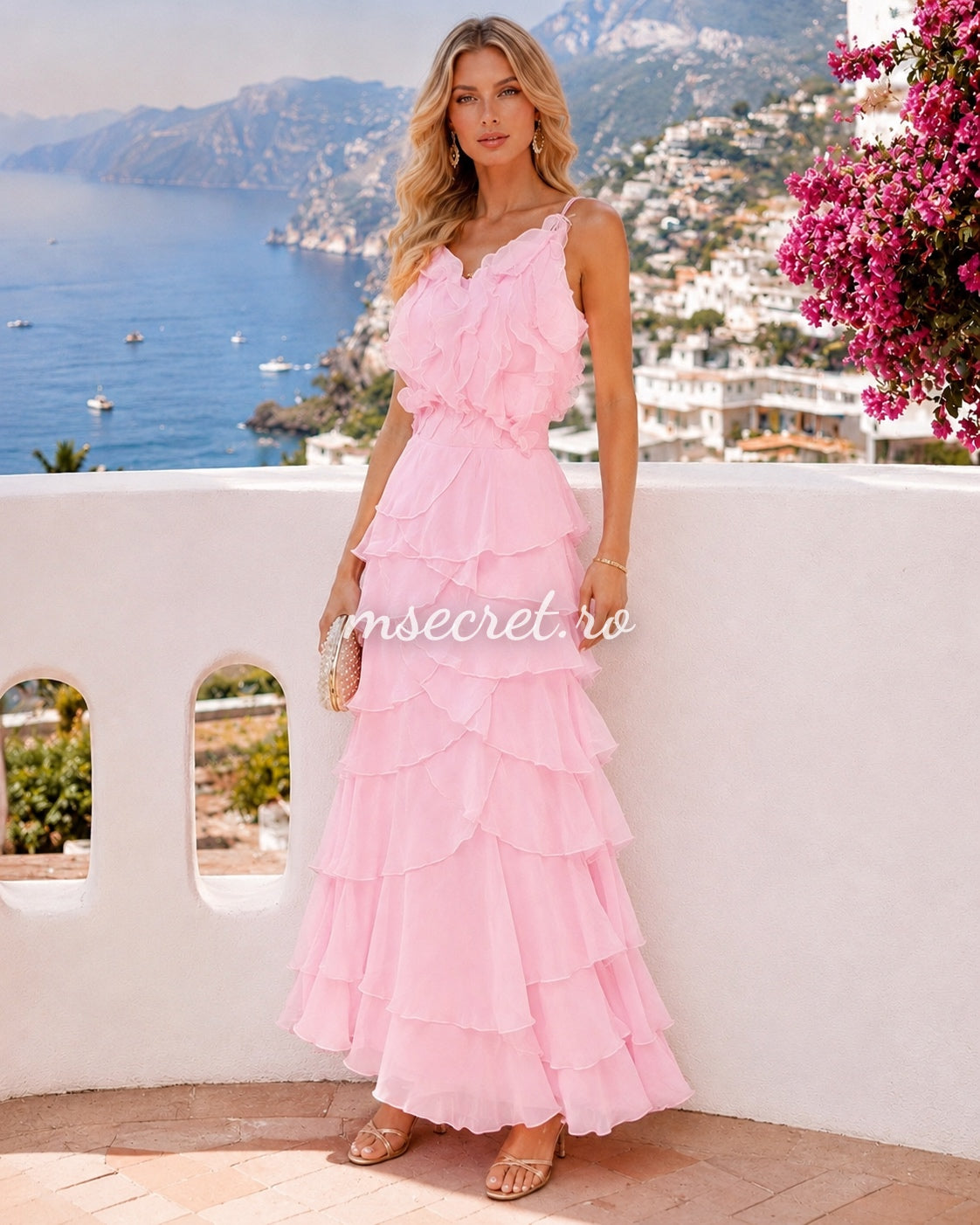 Elegant pink midi dress with organza ruffles