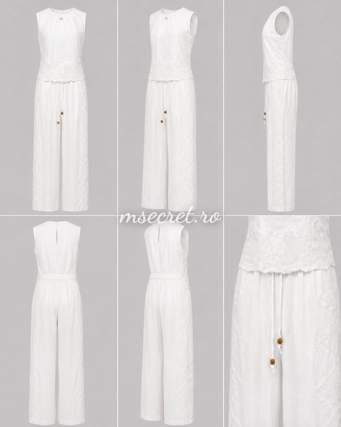Compleu alb din in cu top fara maneci si pantaloni largi