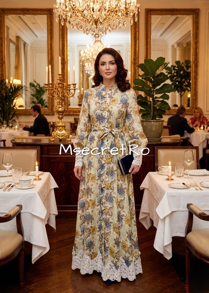 Rochie lungă din in cu imprimeu floral și dantela