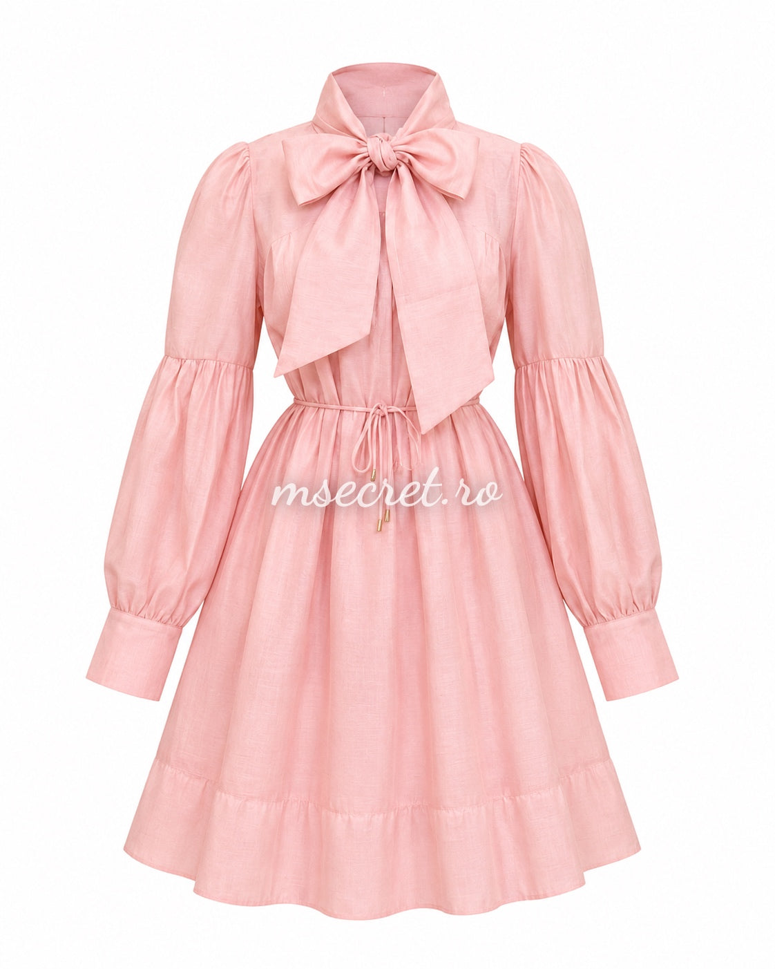 Pastel pink long-sleeved linen and cotton dress with adjustable waist