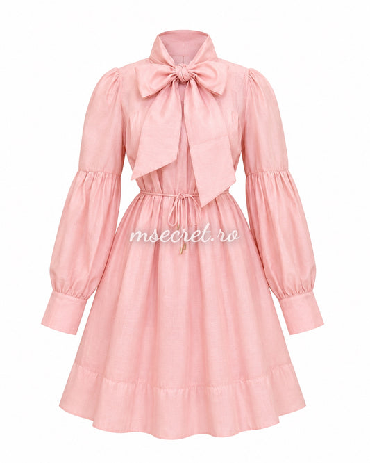 Rochie roz pastel cu maneca lunga din in si bumbac cu talie reglabila