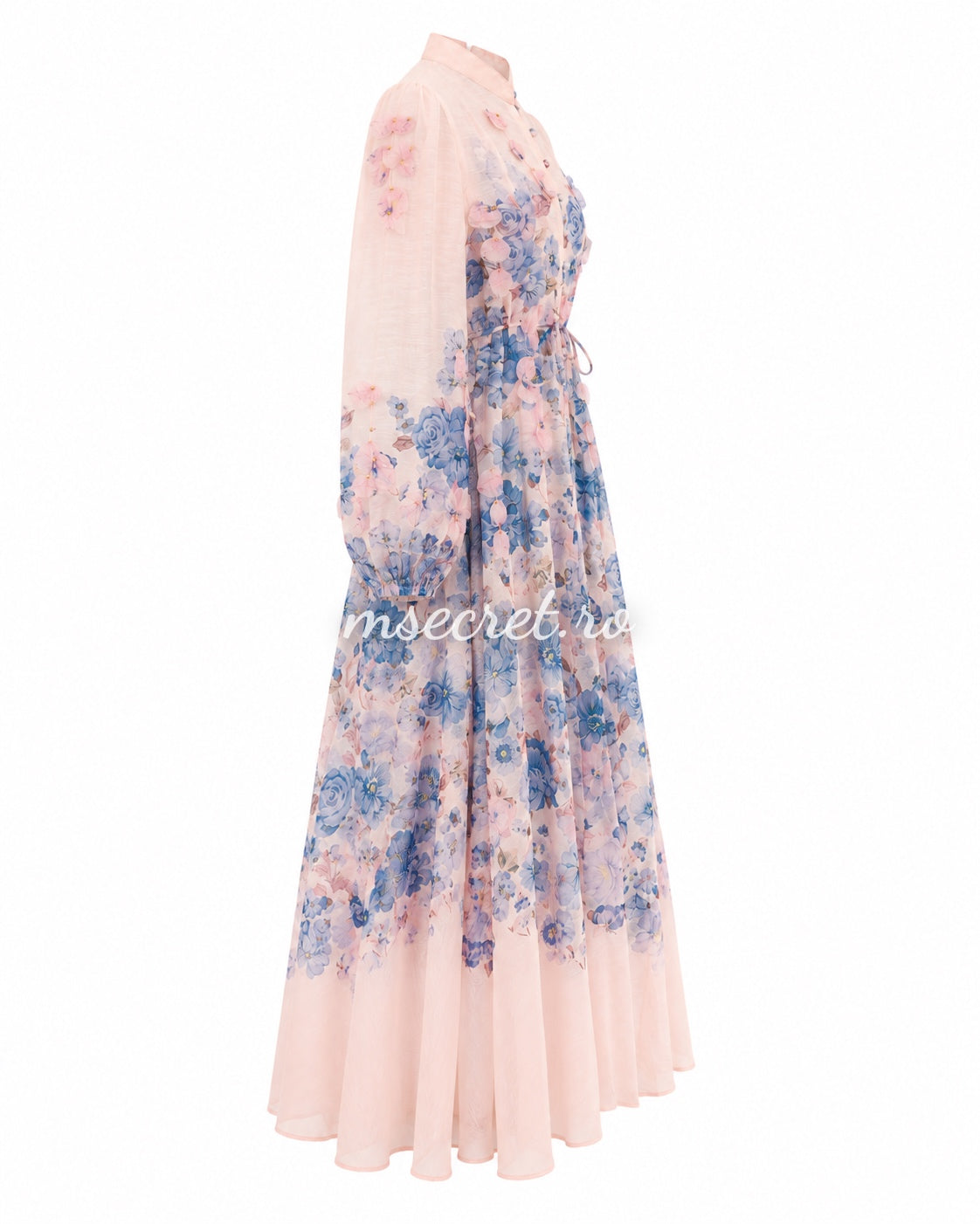 Long pink linen dress with floral print and 3D appliques