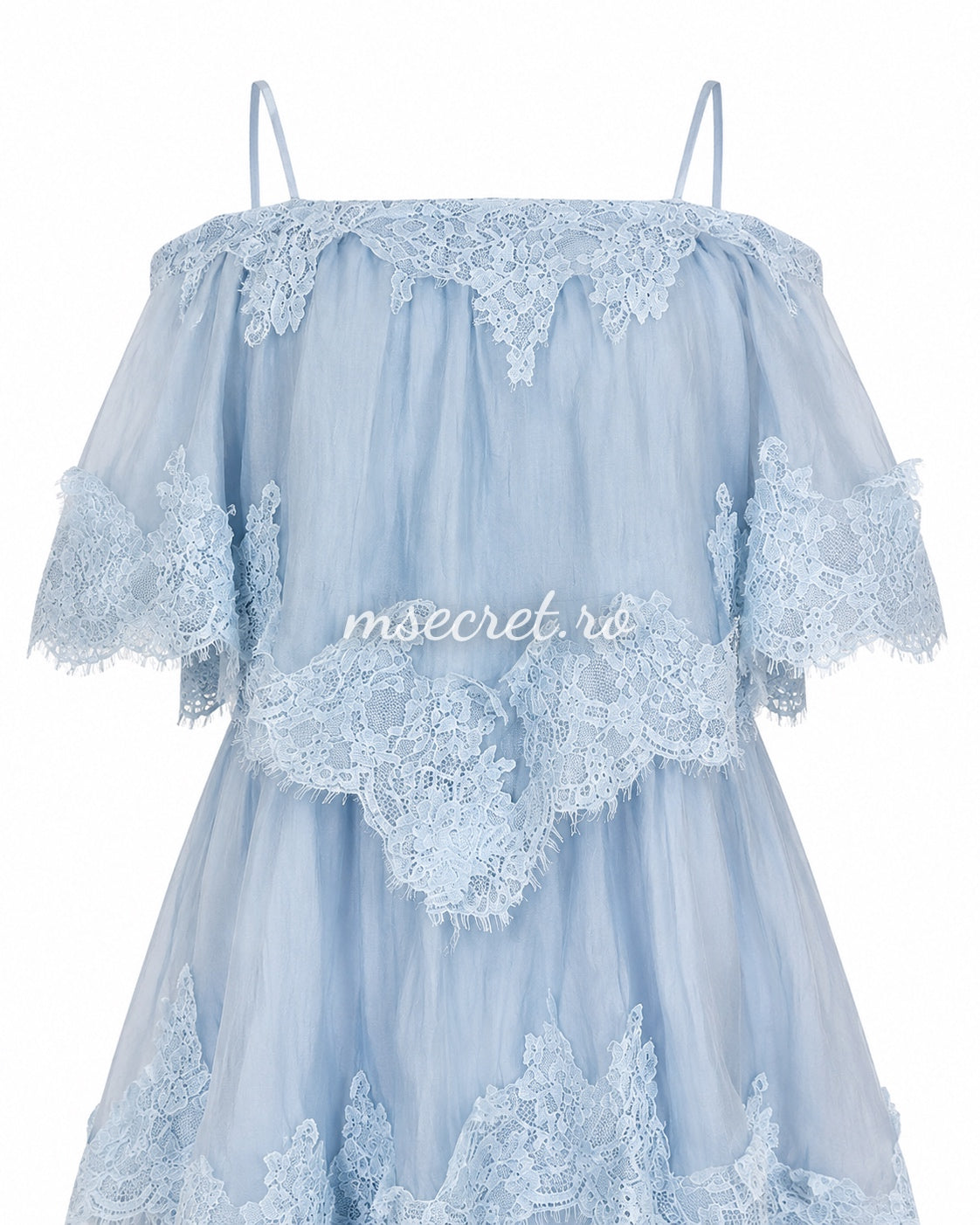 Rochie lunga blue cu volane si dantela romantica
