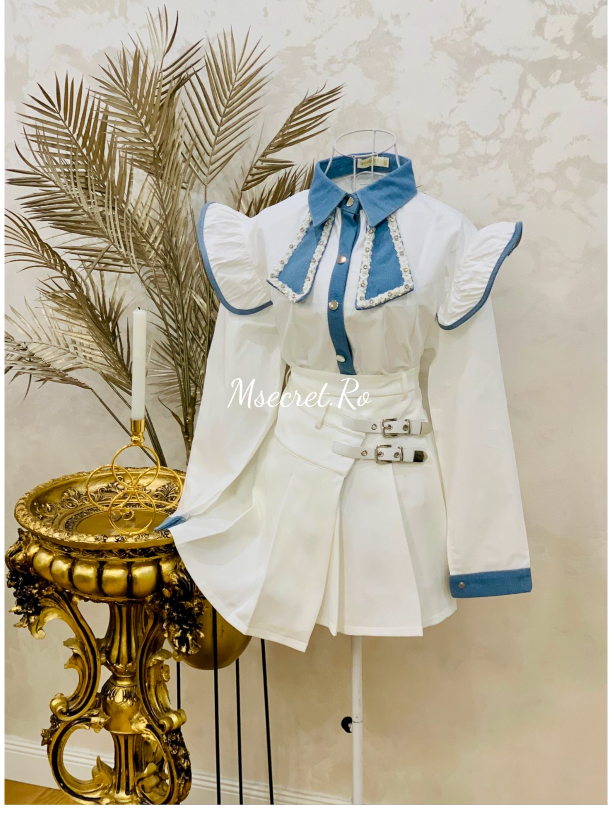 Camasa din bumbac cu maneca lunga cu pietre si denim