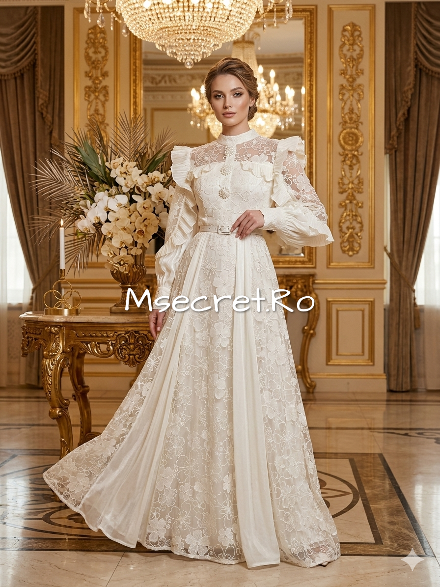 Rochie lungă elegantă ivory din dantelă cu volane