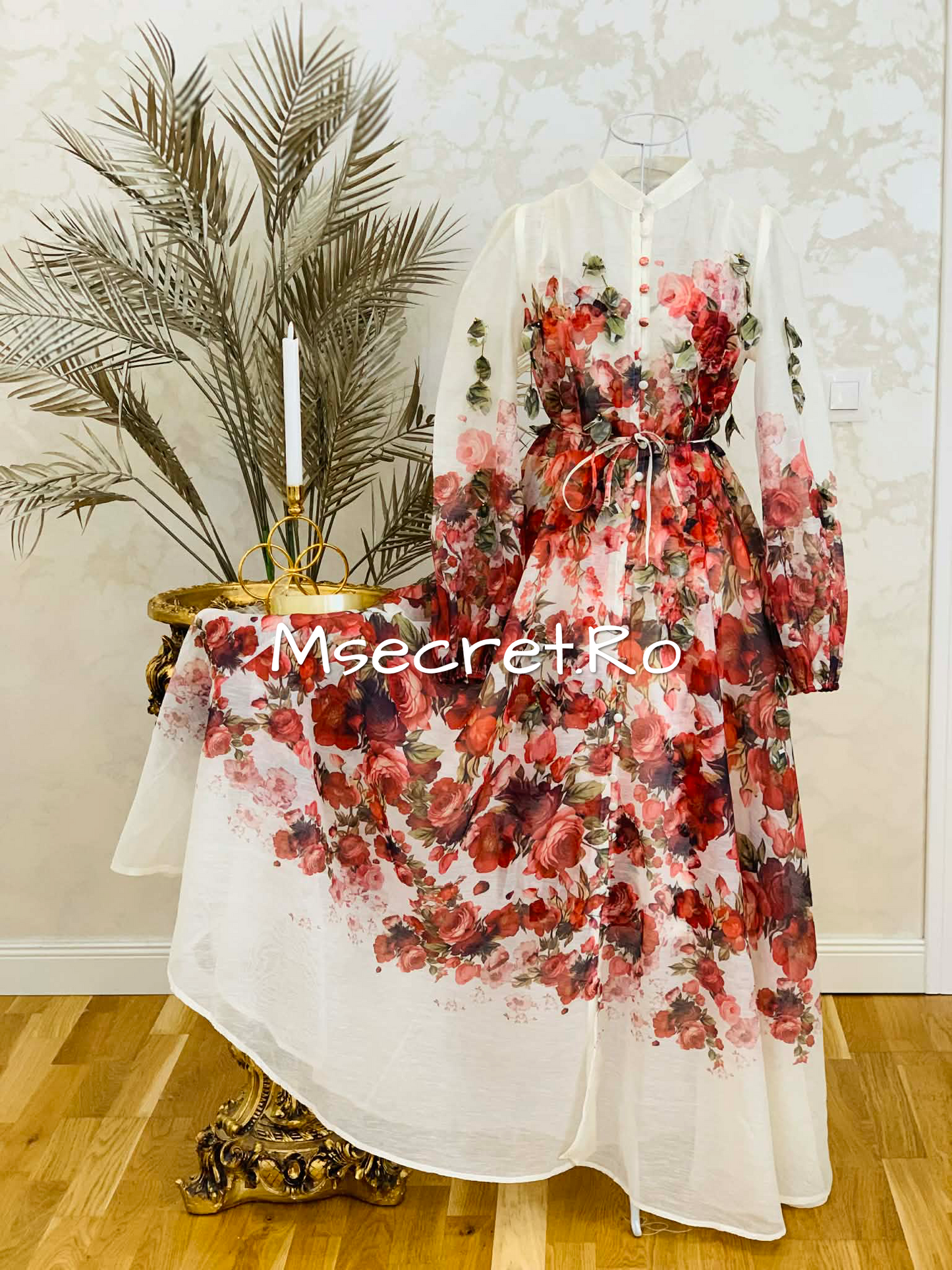 Rochie lungă din in cu imprimeu floral și aplicații 3D
