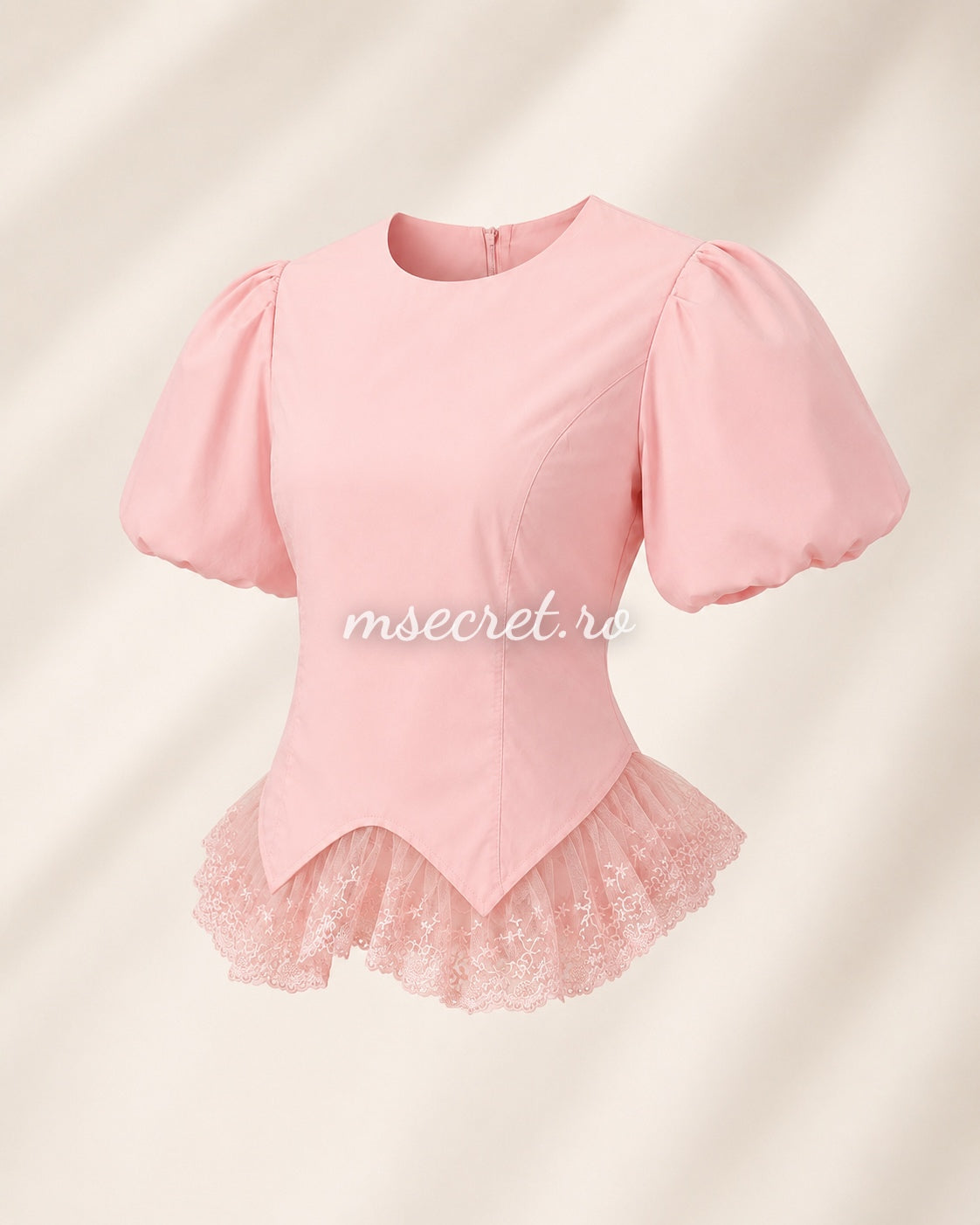 Pink shirt with puffed sleeves and embroidered tulle detail