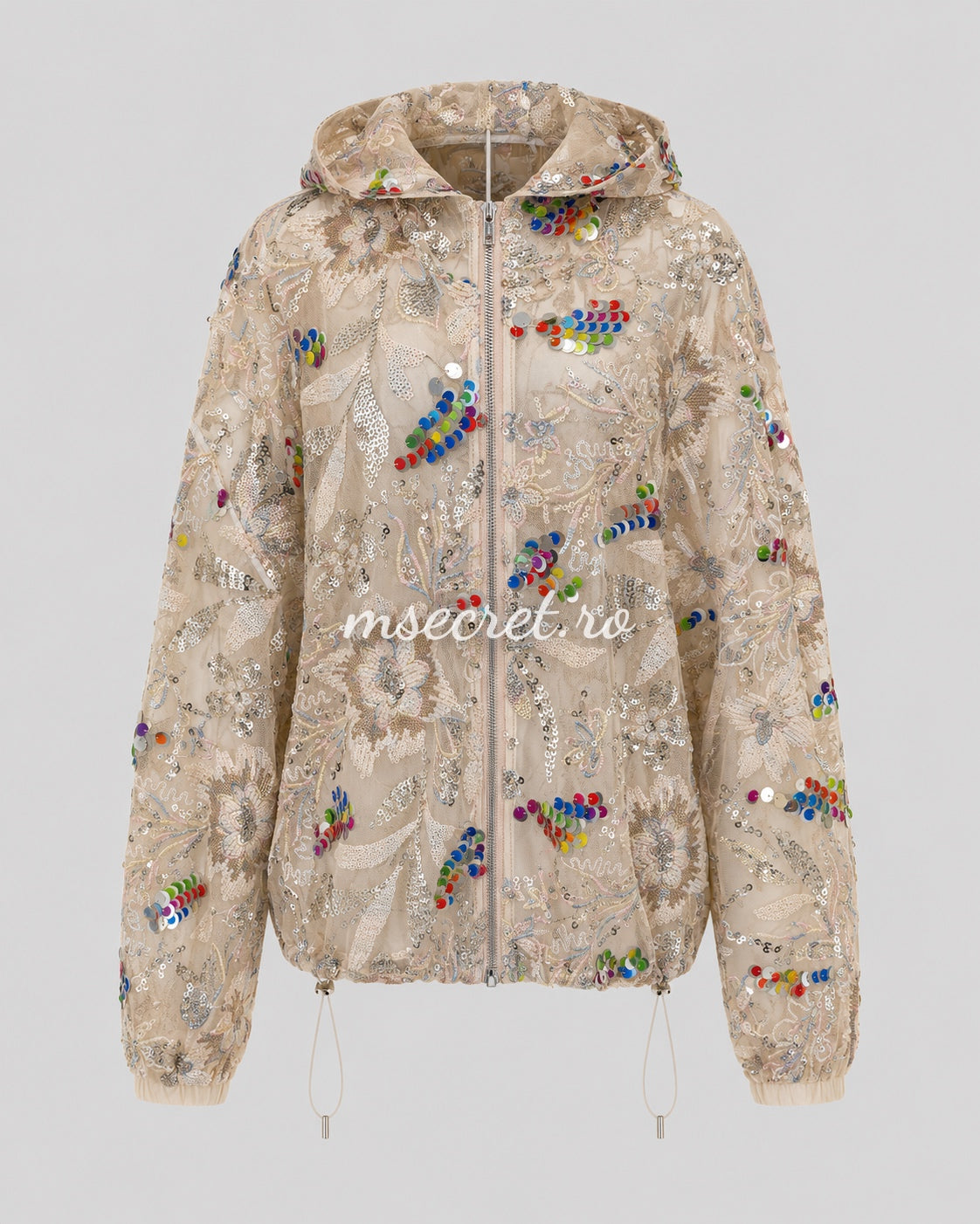 Jacheta bej cu broderie florala si paiete multicolore