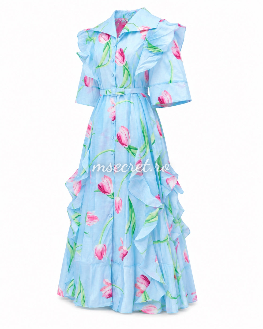 Rochie din in blue cu print floral si volane