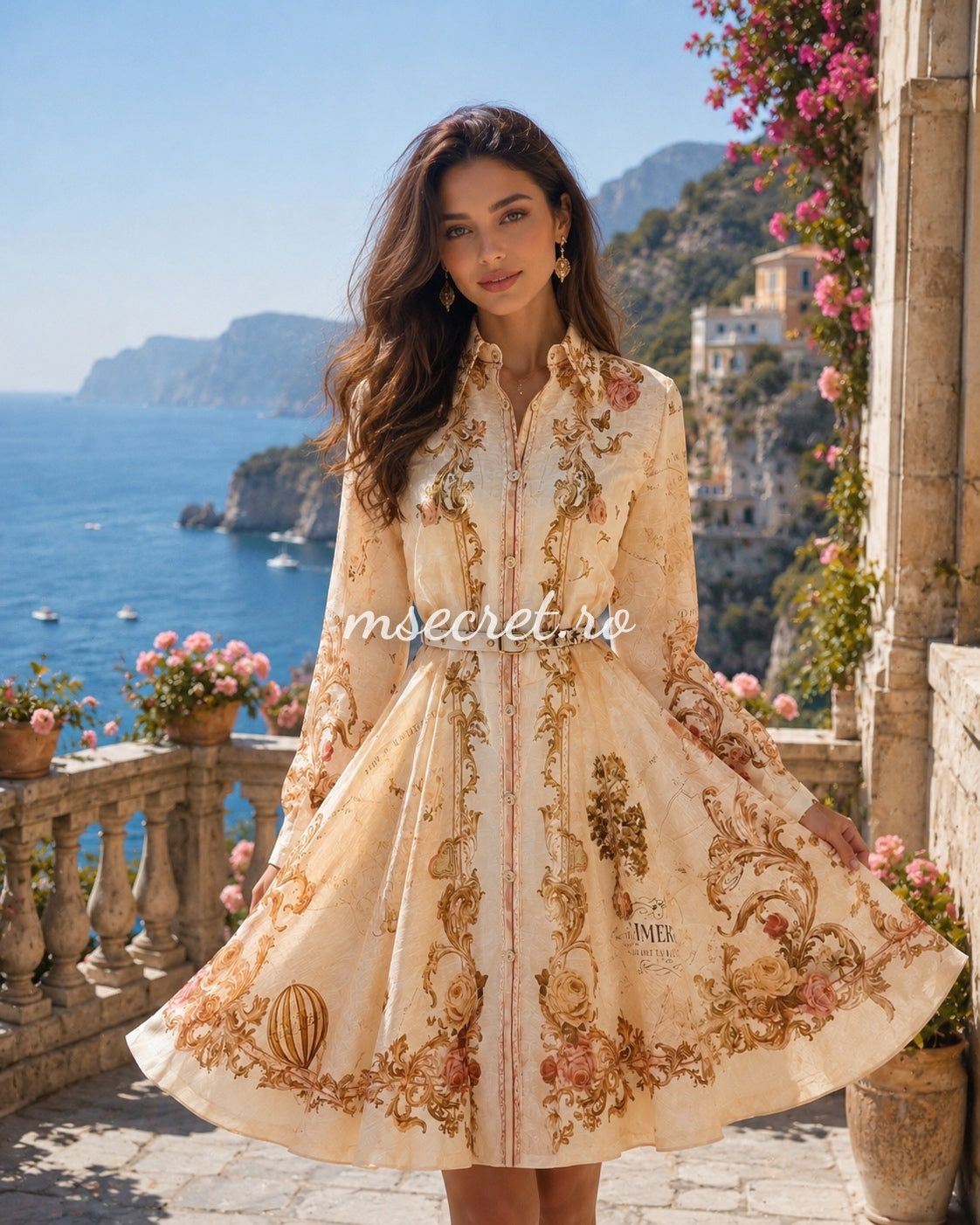 Rochie bej din in cu maneca lunga