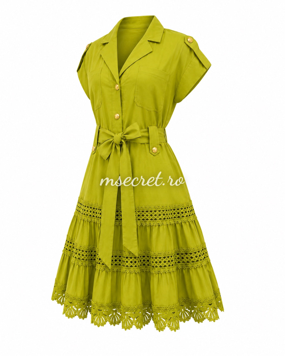 Rochie camasa verde cu cordon in talie si insertii din dantela