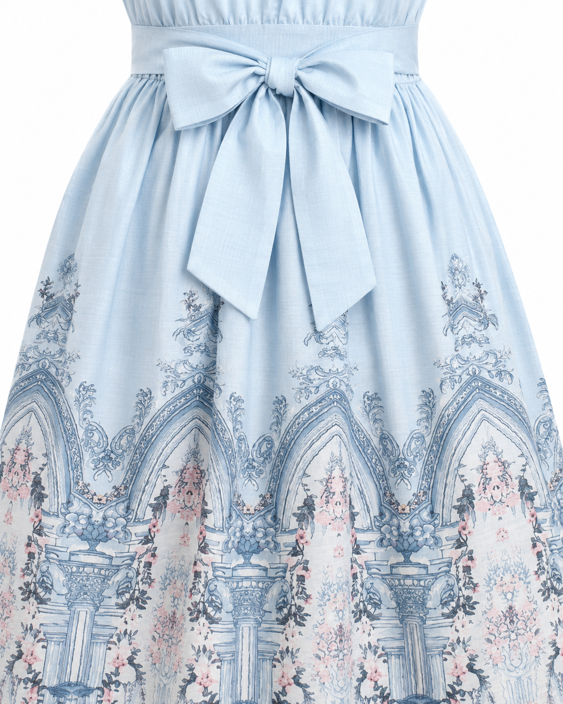 Rochie din in bleu cu imprimeu decorativ si cordon in talie