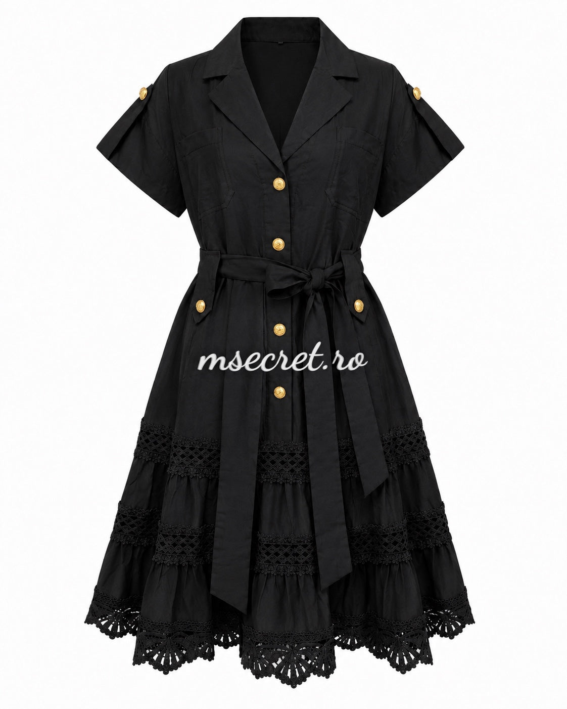 Black shirt dress with waist tie and lace inserts