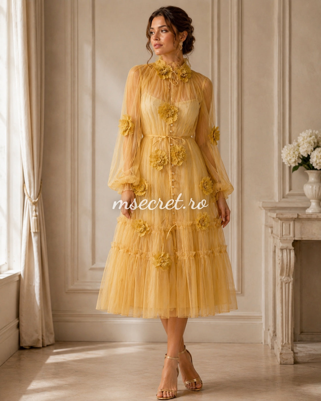 Yellow tulle dress with 3D floral appliques