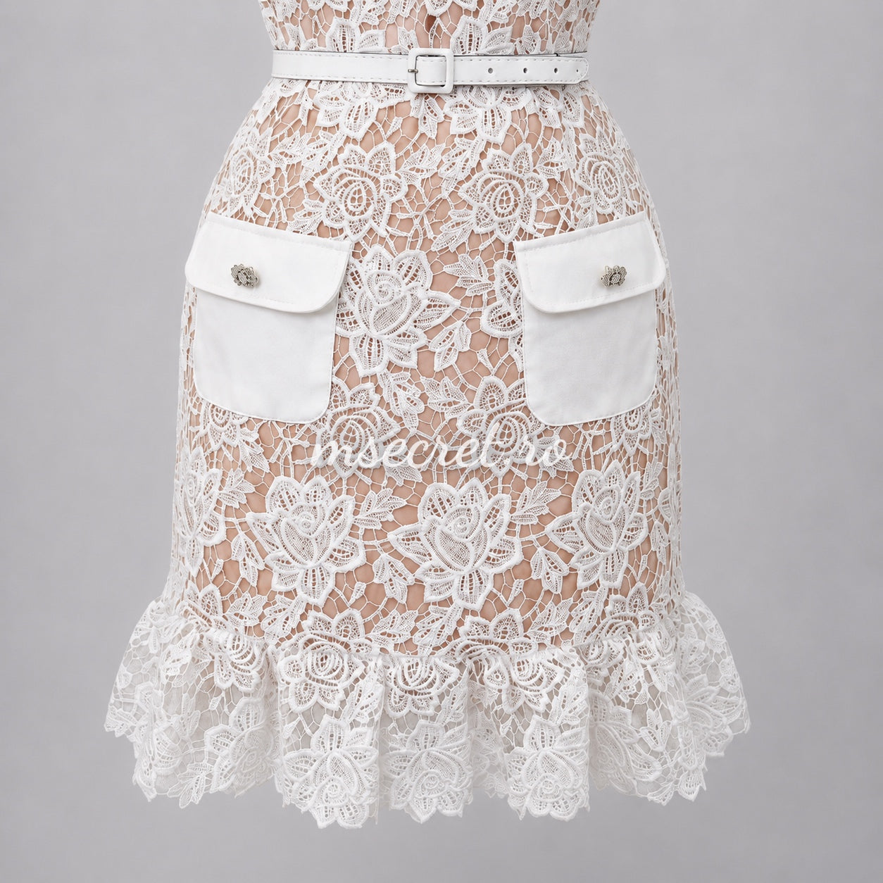 White lace dress with jewel buttons