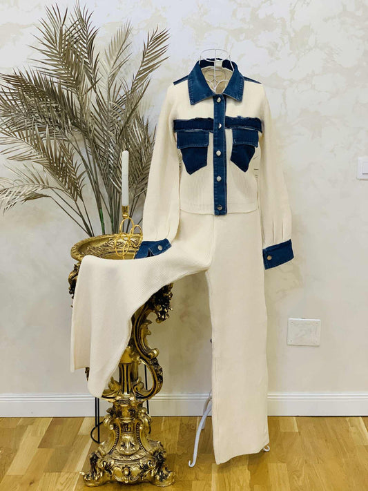 Compleu bej din lana cu denim