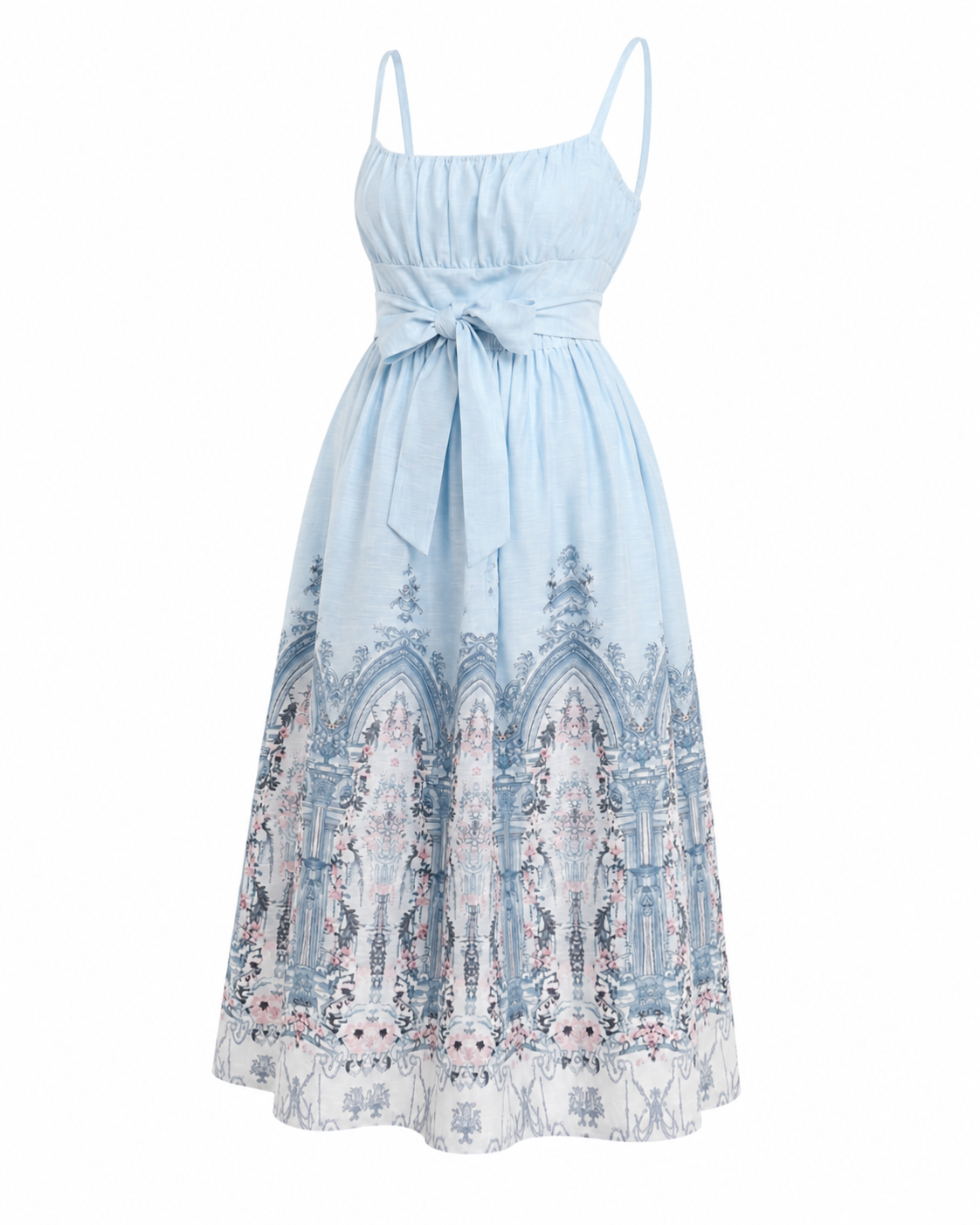 Rochie din in bleu cu imprimeu decorativ si cordon in talie