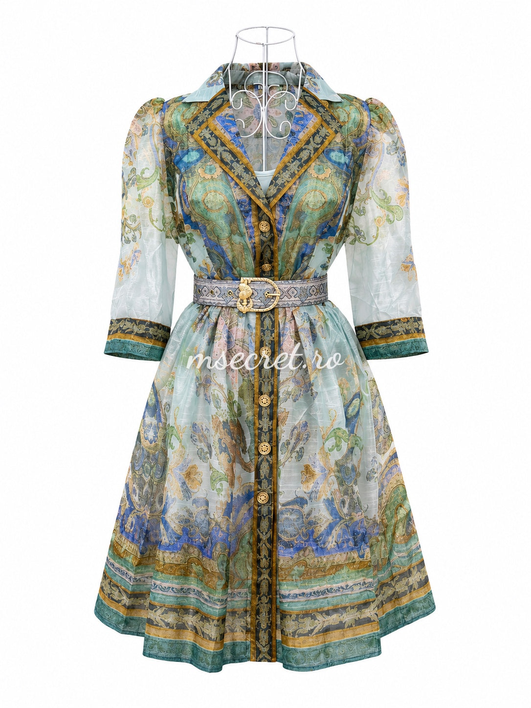Rochie verde din in cu imprimeu floral