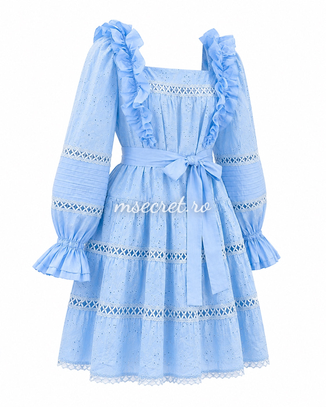 Blue linen and cotton dress with embroidery and ruffles
