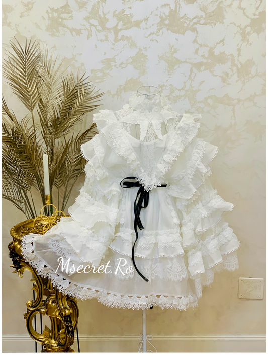 Rochie alba din in si matase cu volane