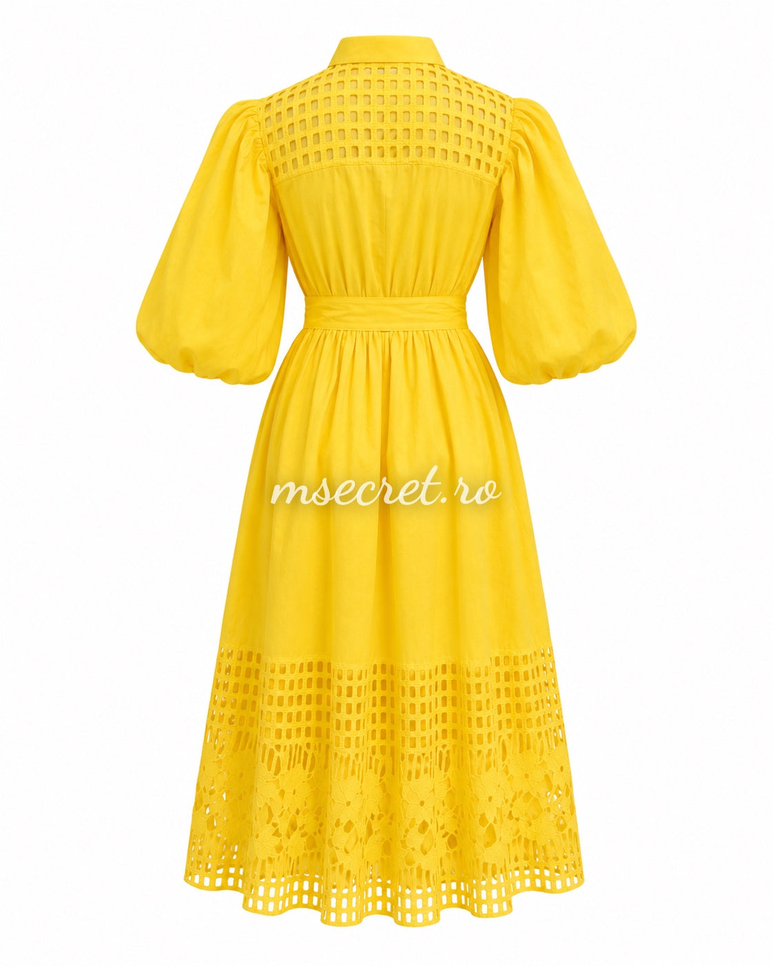 Yellow dress with perforated embroidery and sparkling appliques