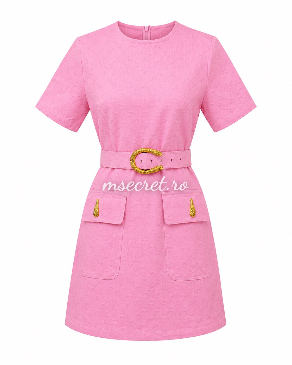 Rochie scurta roz cu curea si buzunare decorative