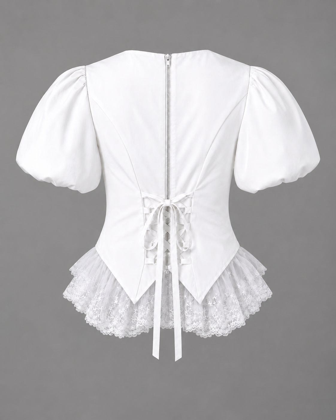 White shirt with puffed sleeves and embroidered tulle detail