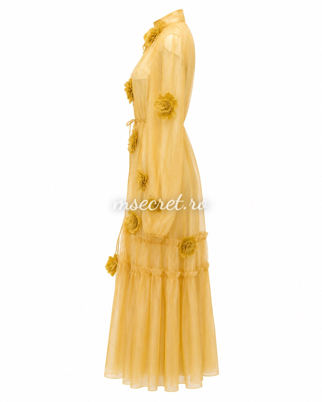 Yellow tulle dress with 3D floral appliques