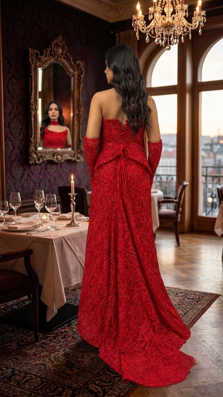 Rochie lunga rosie din dantela