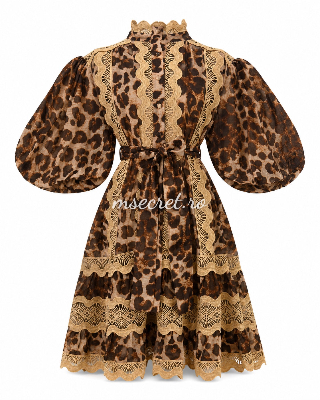 Animal print dress with gold embroidery and puff sleeves