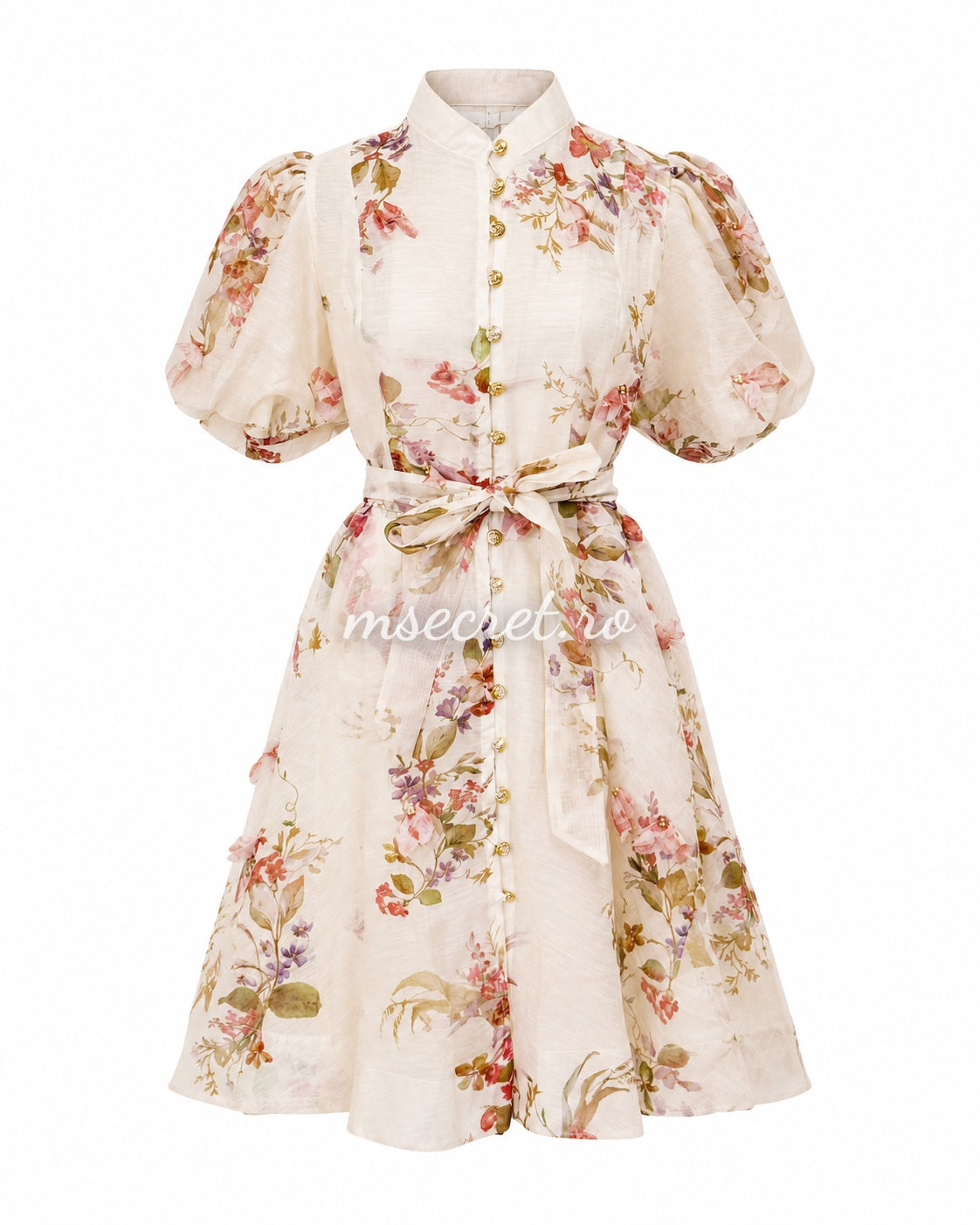 Rochie scurta bej din in cu aplocatii 3D