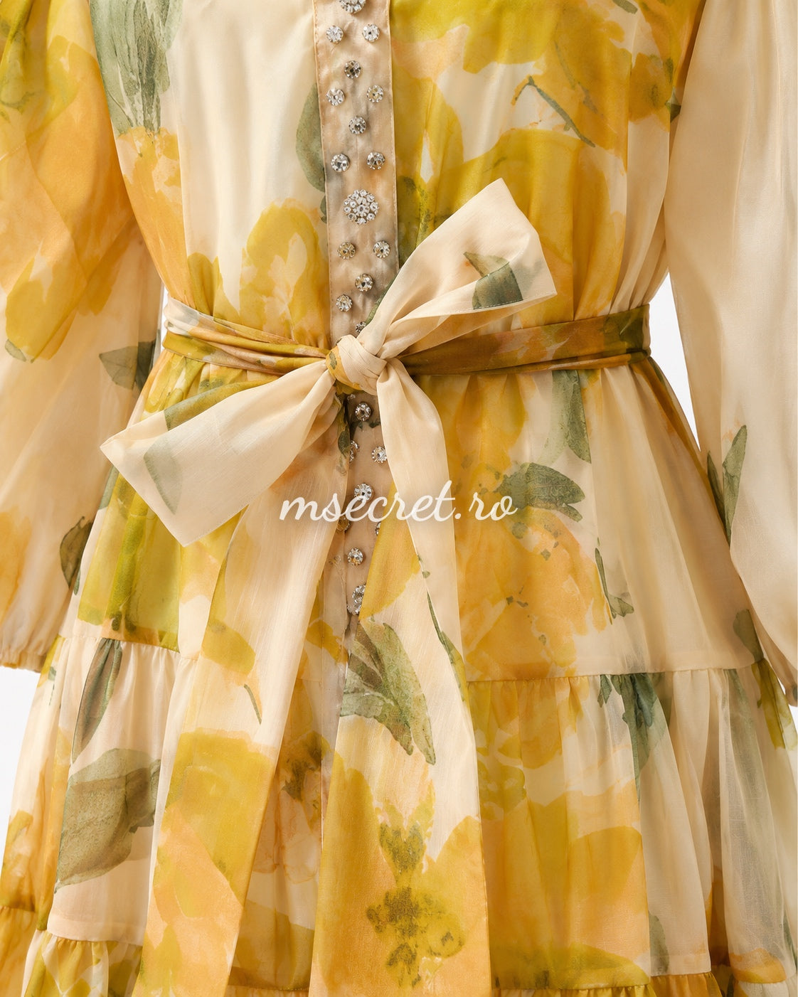 Yellow linen and silk dress with floral print