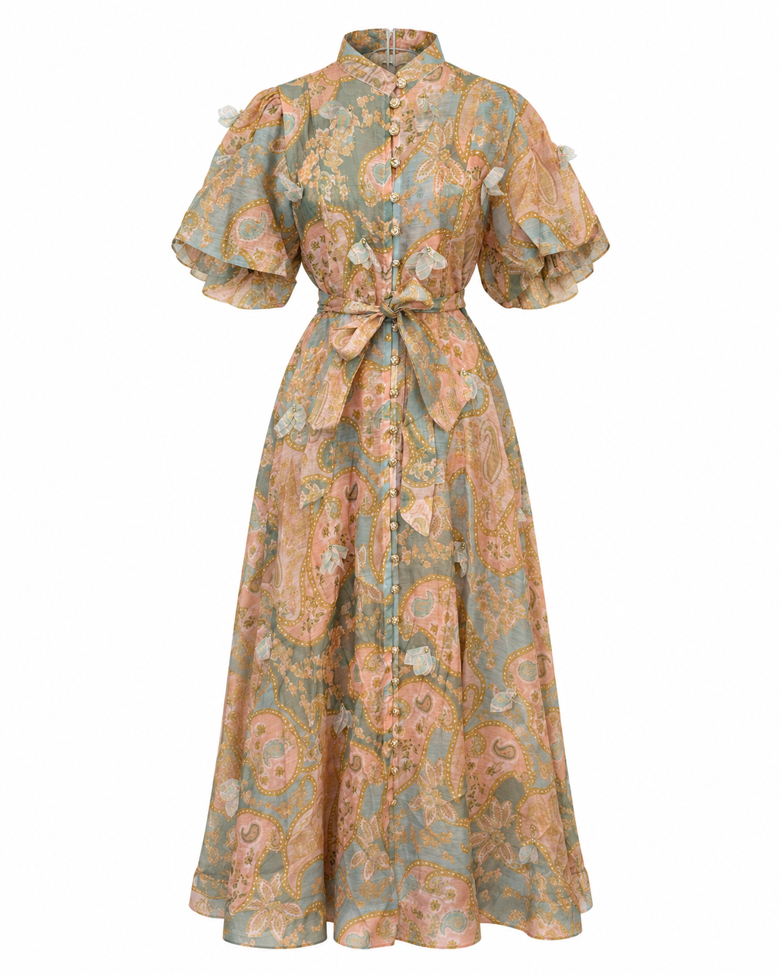 Rochie din in cu imprimeu floral vernil si maneci bufante
