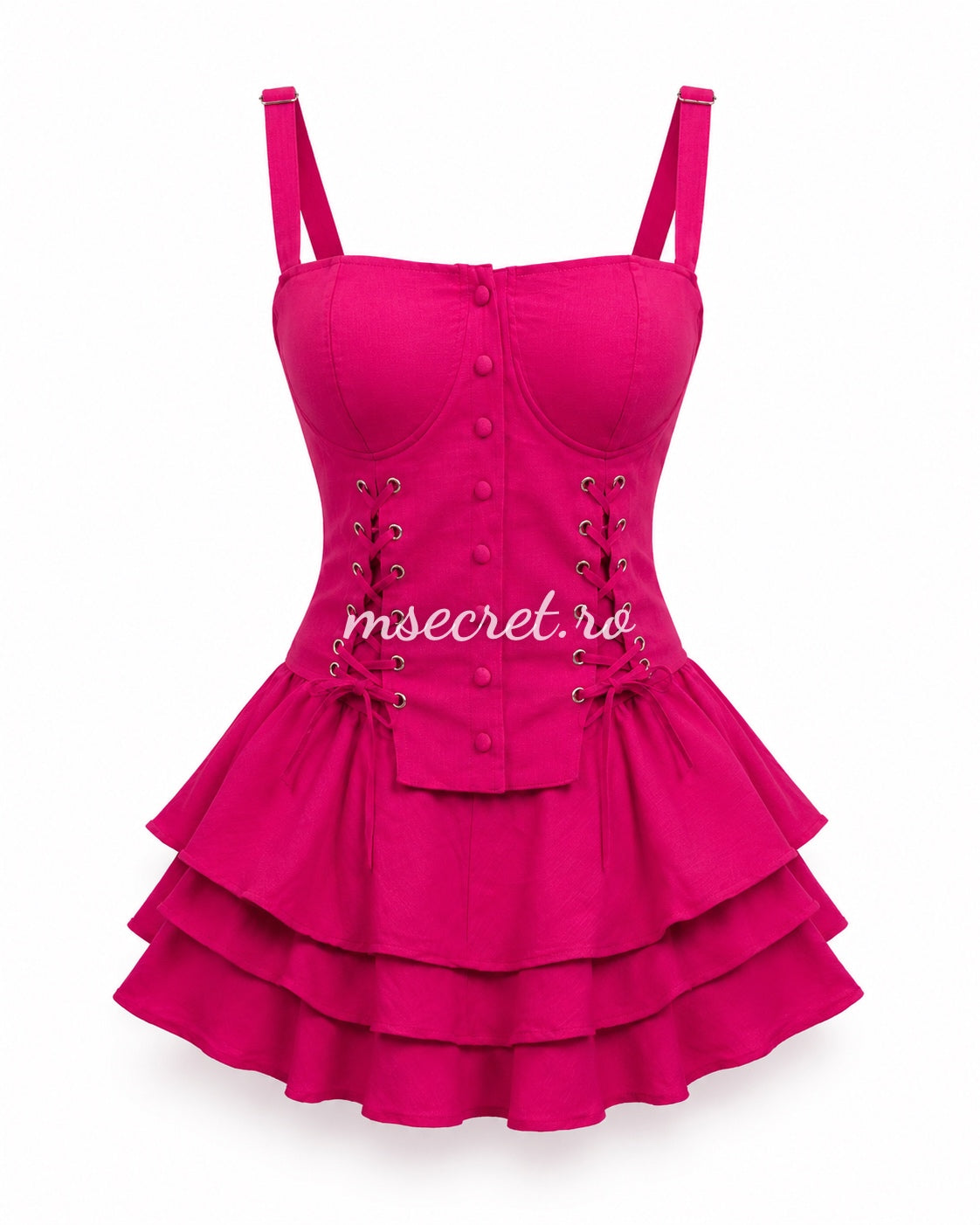 Compleu fucsia cu bluza tip corset si fusta scurta cu volane
