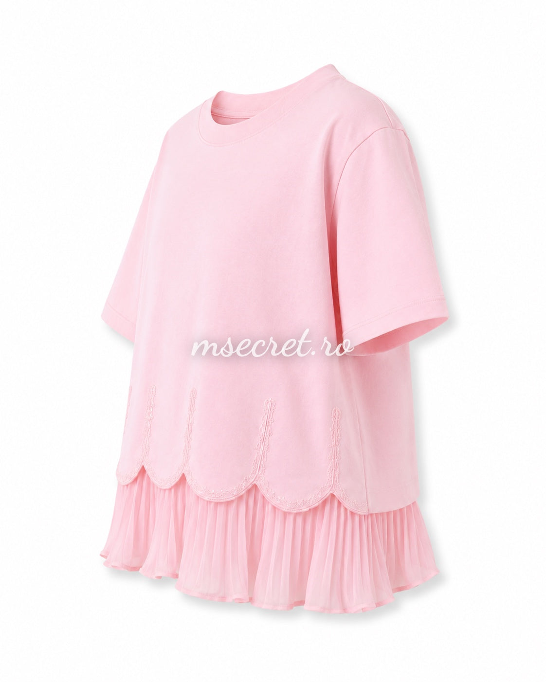 Tricou roz din bumbac cu volan plisat